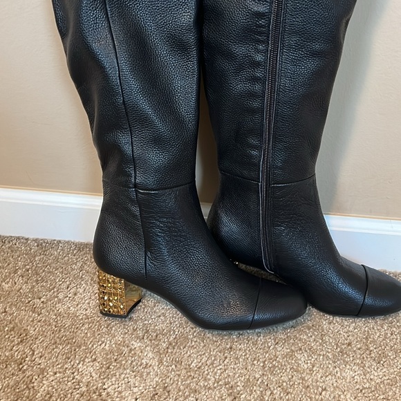 Kurt Geiger Mayfair black leather over the knee heel boots rhinestone gold shoe - Picture 3 of 12